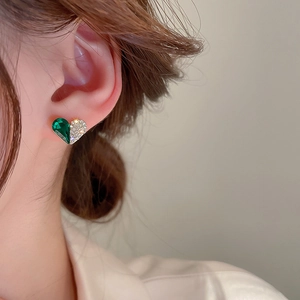 Elegant heart stud earrings with green crystal and sparkling cubic zirconia stones