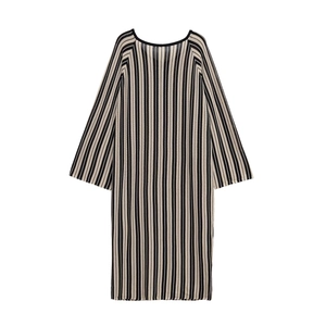 Robe longue en tricot de lin à rayures col V pour femmes avec manches longues noir