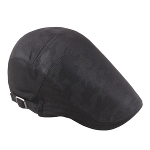 Men's black mesh newsboy cap with adjustable metal buckle and breathable sun protection