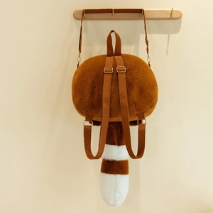 Rear view of a plush raccoon backpack with adjustable straps and a long striped tail
