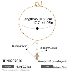 Detailed size specifications for a gold stainless steel Y-shaped cross pendant necklace