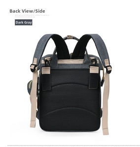 Dark grey diaper backpack rear view with breathable mesh padding and ergonomic straps