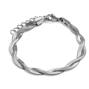 Detail of silver double-layered twisted snake chain bracelet with lobster clasp and extender