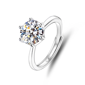 Close-up of sparkling 2 carat moissanite set in a classic six-prong S925 silver ring