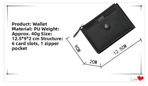 Detailed view of black PU leather wallet with dimensions 12.5x9x2cm and card slots
