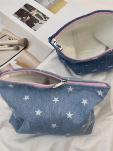 Trousses à maquillage en jean avec motifs étoiles et nœuds, fermeture éclair rose