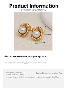 Detail of stainless steel peanut-shaped stud earrings with imitation pearl and gold texture