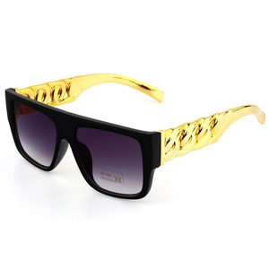 Detail of hip hop sunglasses with gold chain temples and purple gradient UV400 lenses