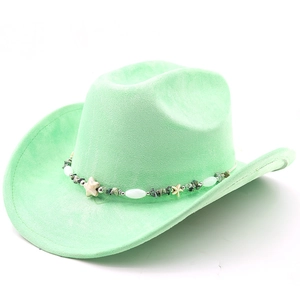 Detail of mint green suede western hat with star beads and turquoise band accents