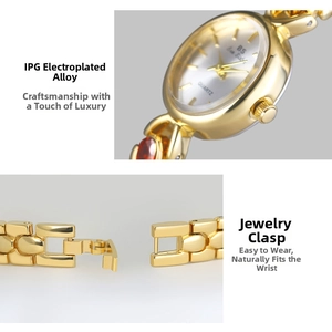 Detail of IPG plated gold watch band and jewelry clasp of this quartz timepiece