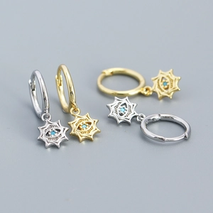 925 Sterling Silver Evil Eye Hoop Earrings Eight Pointed Star Sunburst Drop Dangle Jewelry For Women Retro Style