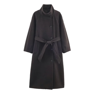 Women's minimalist black wool blend long coat with belted waist and high neck collar
