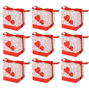 Set of 9 white hollow double heart candy boxes with red ribbons for weddings and parties