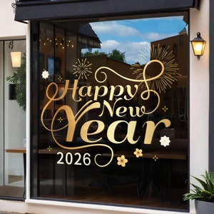 Adesivi per vetrate dorati 2026 Happy New Year su vetro con luci festive d'atmosfera