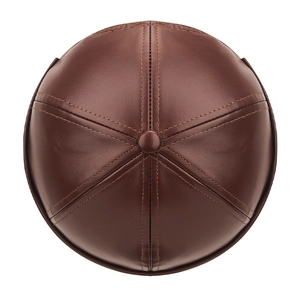 Classic dark brown PU leather docker cap with six-panel stitching and top button detail