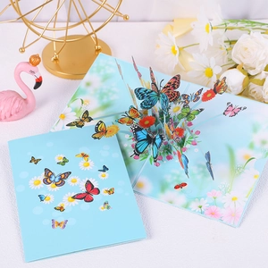 Close-up of 3D butterfly pop-up birthday card with light blue floral paper design