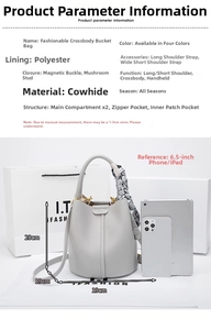 Detailed size comparison of grey pebbled leather bucket bag next to a tablet and smartphone