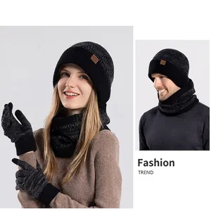 Winter knit set with pom-pom beanie, thick infinity scarf, and warm gloves for men and women