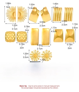 Size chart showing dimensions for 7 pairs of gold geometric stainless steel earrings