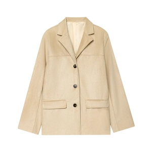 Women's chic beige faux suede blazer jacket with notched lapels and front pockets