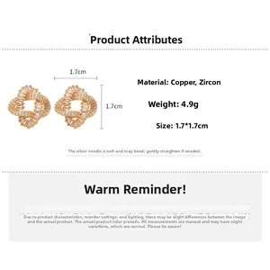 Detailed size view of gold cluster earrings with cubic zirconia, measuring 1.7x1.7cm