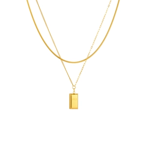 Double Layer Necklace Titanium Steel Gold Plated Snake Bone Chain Rectangular Bar Pendant Engraved Geometric Jewelry Women