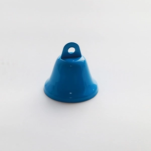 Macro detail of a 38mm thickened blue metallic bell for festive Christmas tree decoration