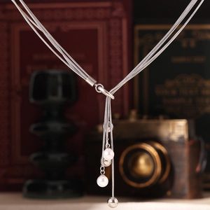 Multi-layer stainless steel snake chain necklace with faux pearl and bead pendants