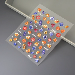 3D floral nail art stickers with colorful crystal patterns and white outlines on transparent film