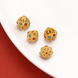 Ancient gold dragonfly eye hollow spherical beads with red and blue inlaid stones