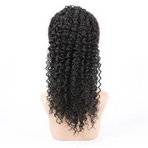 High quality kinky curly ponytail extension in natural black on a mannequin head