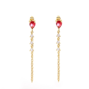 Elegant gold drop earrings with red heart gems and sparkling zircon fringe tassels