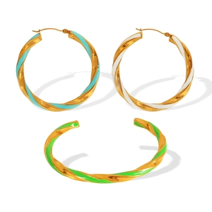 18K gold-plated twisted jewelry set with colorful enamel earrings and open cuff bracelet