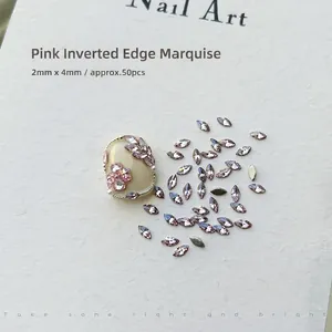 Detail of 2x4mm pink marquise nail art rhinestones with beveled edges for DIY manicures