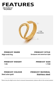 Detail showing 1.8g adjustable 18K gold plated stainless steel ring with dimensions