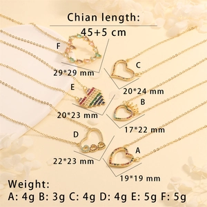 Detailed size and weight chart for gold hollow heart pendants with colorful crystals