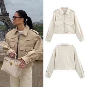Veste Cargo En Daim Pour Femme Col À Revers Manches Longues Poches Fermeture Éclair Décontracté Streetwear Manteau Court