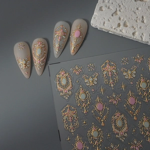 Baroque style gold totem nail art stickers with vintage enamel gemstones and butterfly patterns