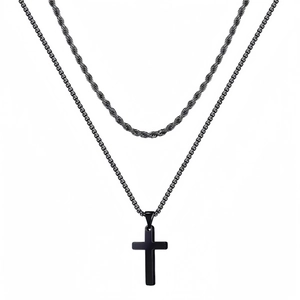 Collar con Colgante de Cruz de Doble Capa de Acero Inoxidable Hombre Mujer Punk Hip Hop Cadena de Cordón Caja Joyería de Moda