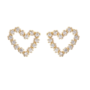 Detailed view of 18K gold-plated heart stud earrings with micropave cubic zirconia