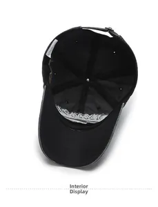 Interior view of black cotton baseball cap showing sweatband and metal adjustment buckle
