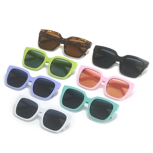 Detailed overhead view of stylish square candy-colored sunglasses in seven various frame hues