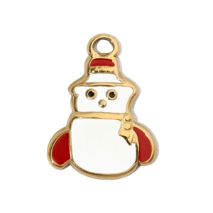 Detailed close-up of a festive snowman charm in colorful enamel and gold-plated finish