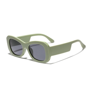 Modern square sage green sunglasses with dark grey lenses and thick frames