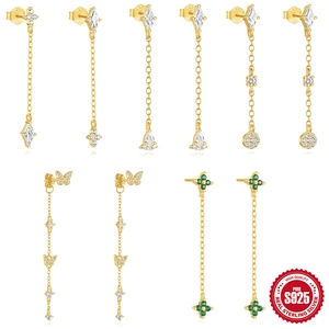 Long Tassel Dangle Earrings 925 Sterling Silver With Sparkling Zircon Butterfly Clover Geometric For Women Gift
