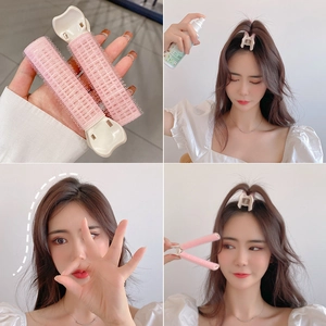 Bigodini rosa con clip per volume e styling, set di quattro viste dettagliate del prodotto