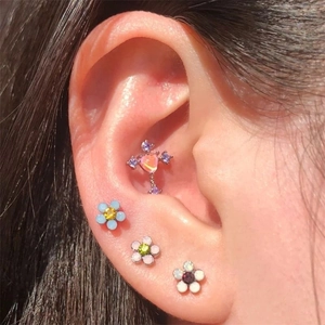 Colorful floral stud earrings set with heart cross cartilage piercing in titanium steel