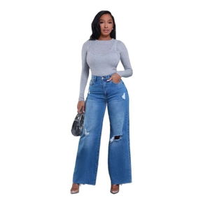 Women's high waist ripped wide leg jeans with grey slim fit long sleeve knit top