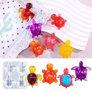 Detail view of silicone sea turtle molds and colorful resin crafts for DIY keychains