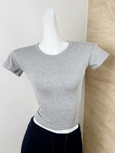 Detailed view of light gray ribbed modal athletic t-shirt with slim fit round neck design